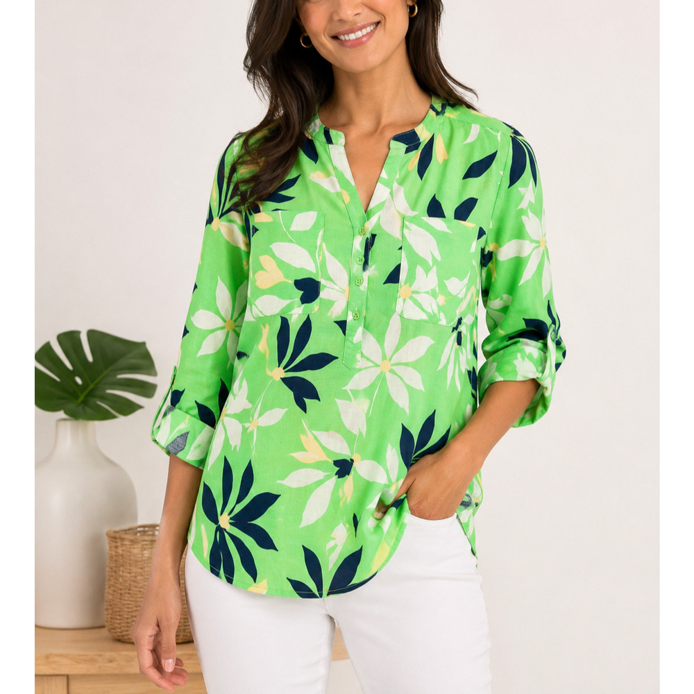 NWT Liz Claiborne Petite Large Green Tropical Linen Blend Roll Tab Tunic Top
